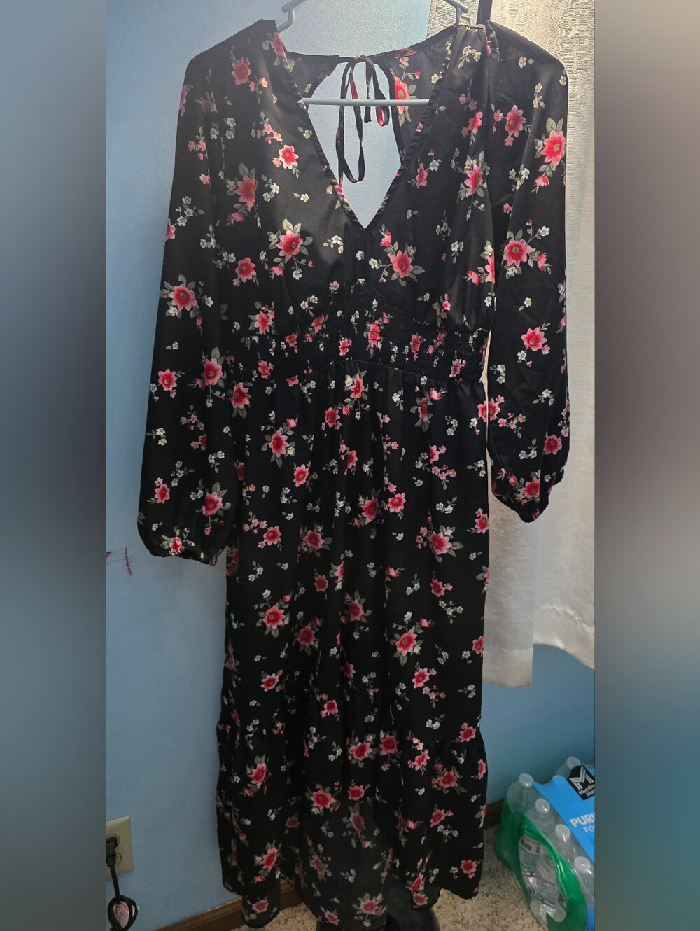 Girls Black Floral Midi Dress with Pink Blossoms